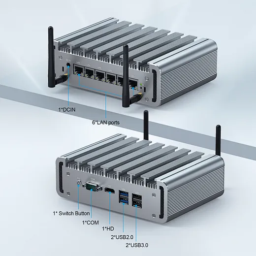 Mini PC cu 6 porturi LAN Intel i225 2.5G, destinat ca router soft PfSense și firewall